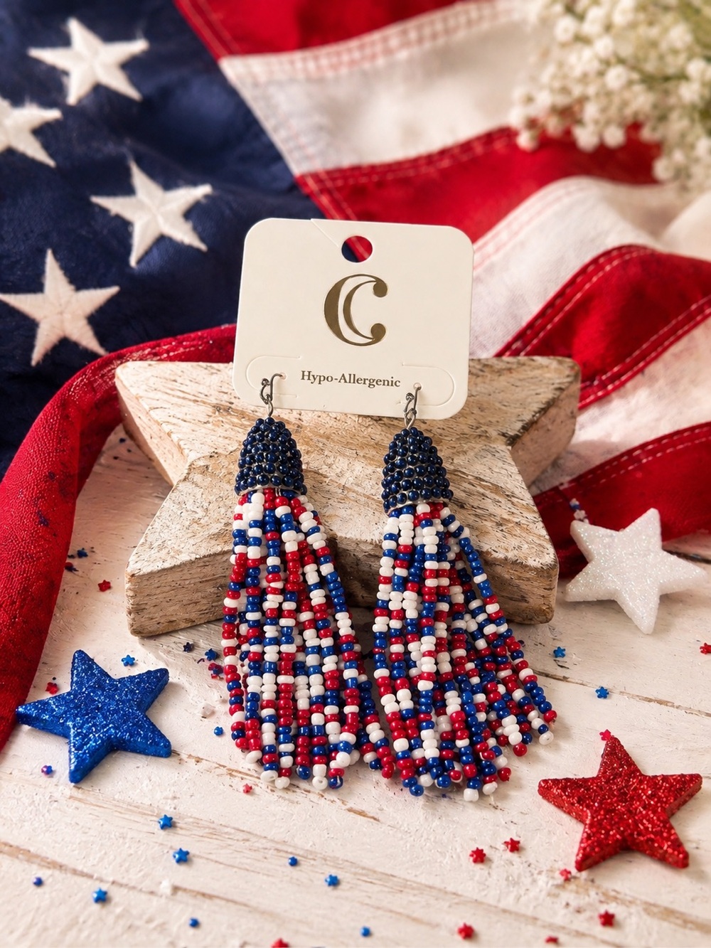 C Red White and Blue Beaded Tassel Earrings